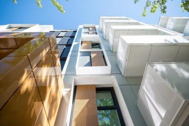 Looking skyward at exterior of Evolve