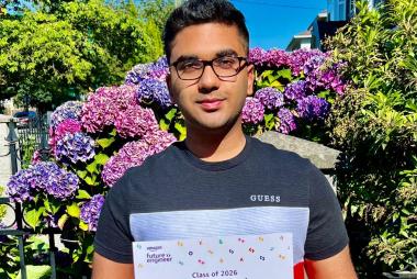 Incoming UBC Engineering student Sidhant Sidana holds Amazon Future Engineer Class of 2026 sign