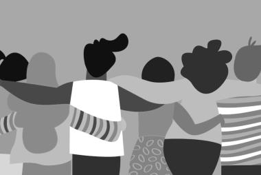 Line of diverse friends looking towards the future