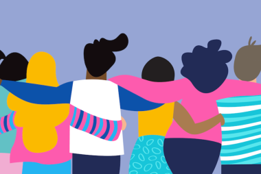 an image of a diverse group of people in a line, holding each other up.