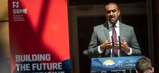 Honourable Ravi Kahlon, Minister of Jobs, Economic Recovery and Innovation speaks at a podium during a funding announcement for the UBC School of Biomedical Engineering