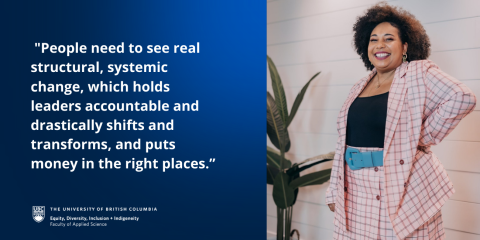 A photo of Cicely Belle Blain on the right, next to a quote on the left that reads: People need to see real, structural, systemic change, which holds leaders accountable and drastically shifts and transforms, and puts money in the right places.